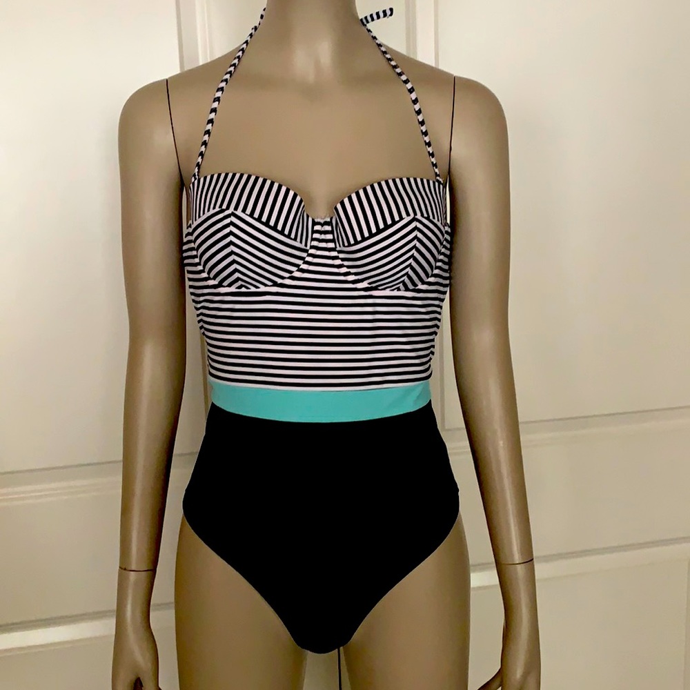 Topshop Vintage Style Balconette Strapless Halter High Waist Bandeau Swimsuit